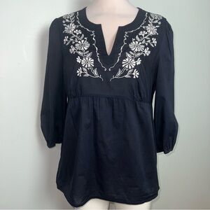 Ann Taylor LOFT Navy Embroidered Boho Peasant Tunic Top Blouse Size 14